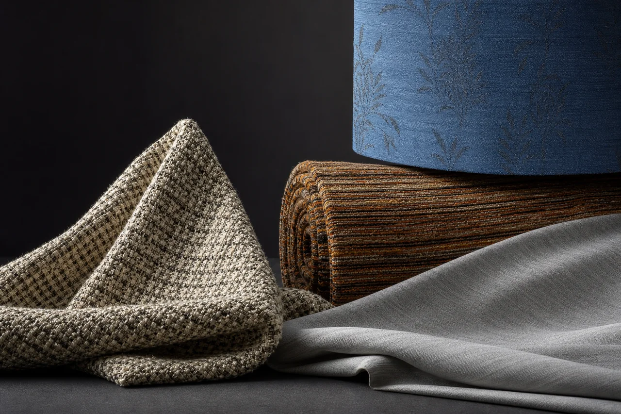 Sculptural woven textiles in ivory, rust, cobalt and silver arranged against a graphite backdrop.