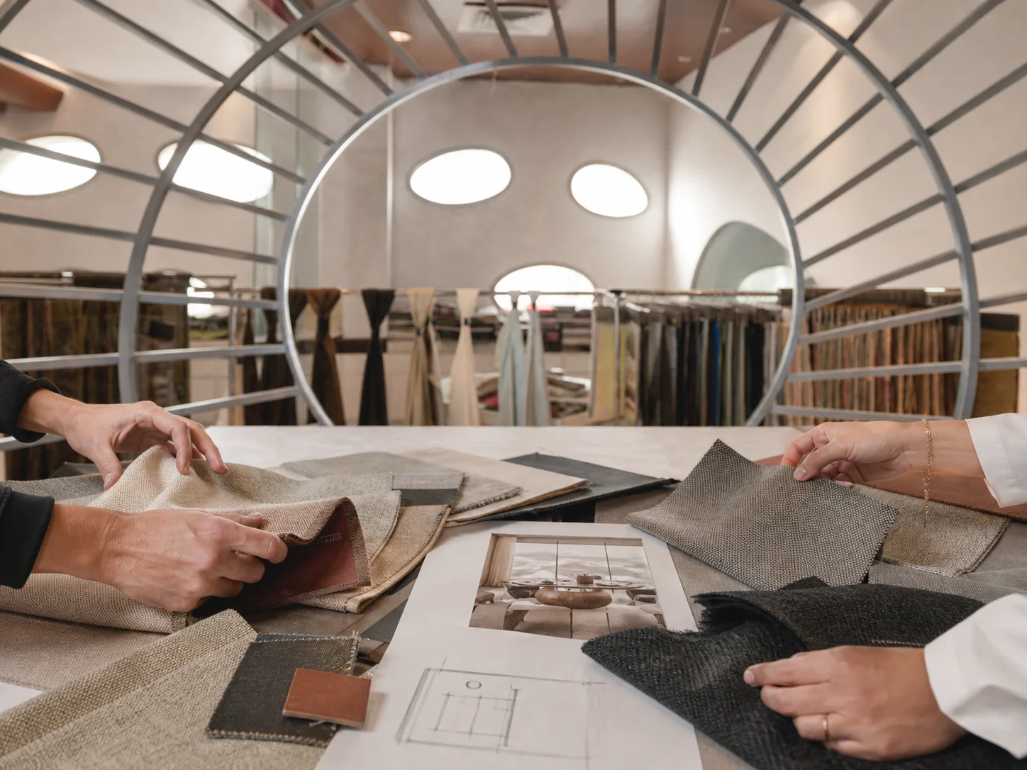 Design professionals arranging Posh textile swatches for a project palette