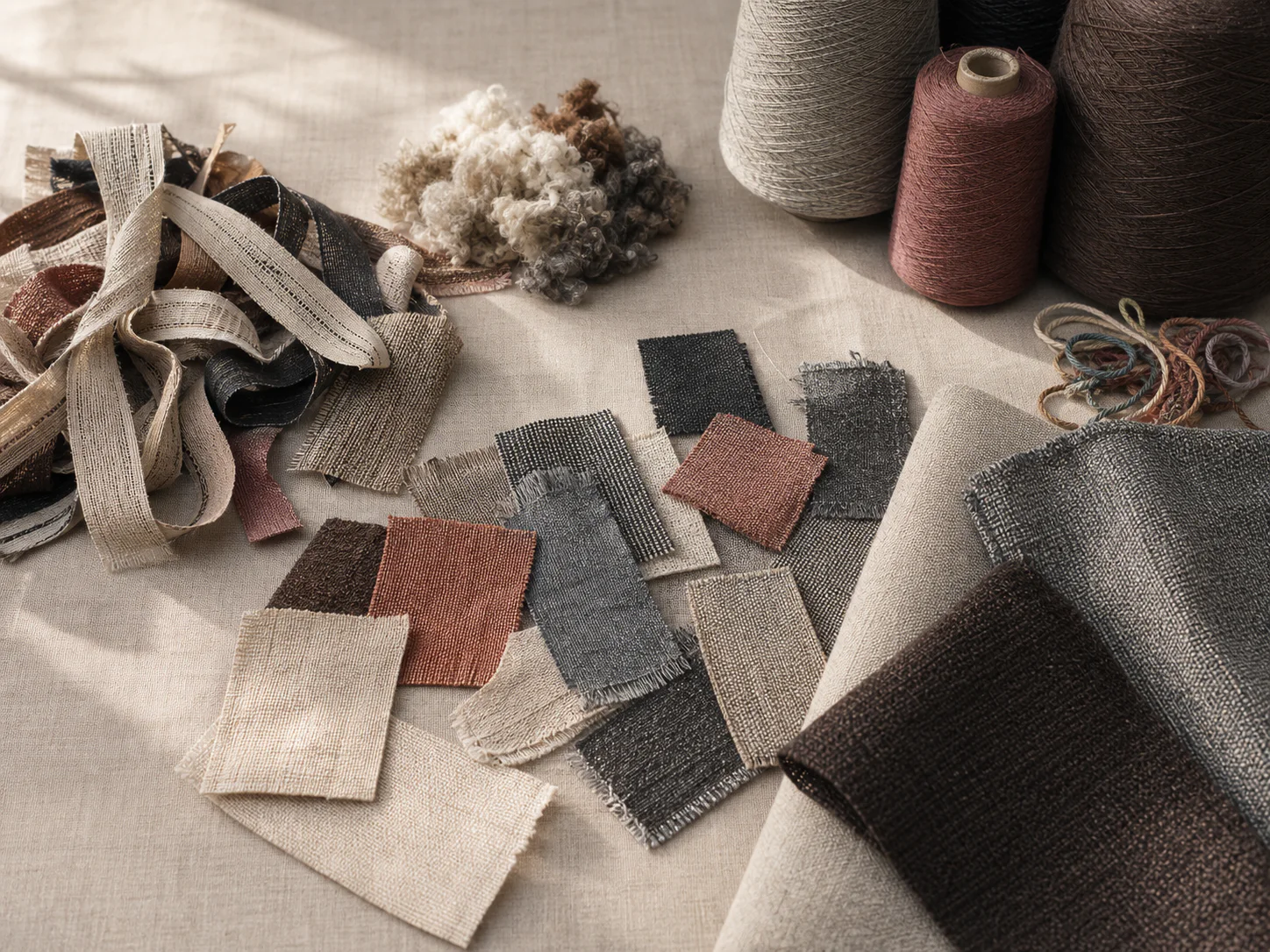 Posh textile remnants, recovered yarn, and finished fabric arranged to show thoughtful material use